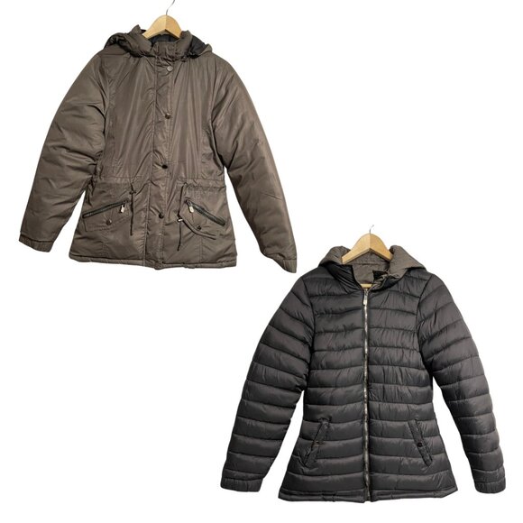 Snobbish Puffer Jacket Womens Size L Brown Black Reversible Hooded Zip Pockets - Picture 1 of 16